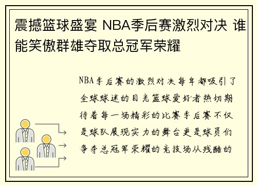 震撼篮球盛宴 NBA季后赛激烈对决 谁能笑傲群雄夺取总冠军荣耀