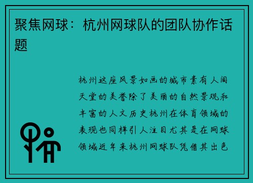 聚焦网球：杭州网球队的团队协作话题
