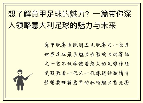 想了解意甲足球的魅力？一篇带你深入领略意大利足球的魅力与未来