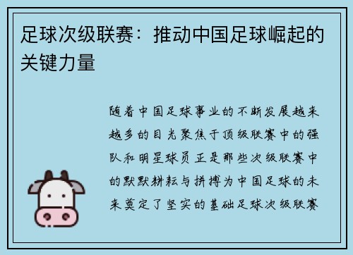 足球次级联赛：推动中国足球崛起的关键力量