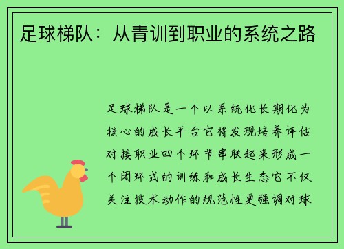 足球梯队：从青训到职业的系统之路