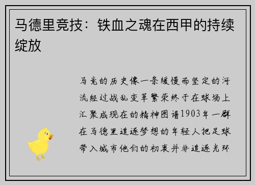 马德里竞技：铁血之魂在西甲的持续绽放