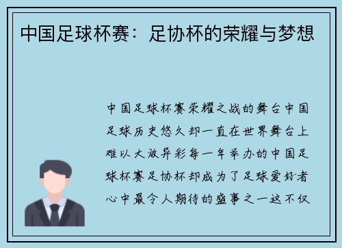 中国足球杯赛：足协杯的荣耀与梦想